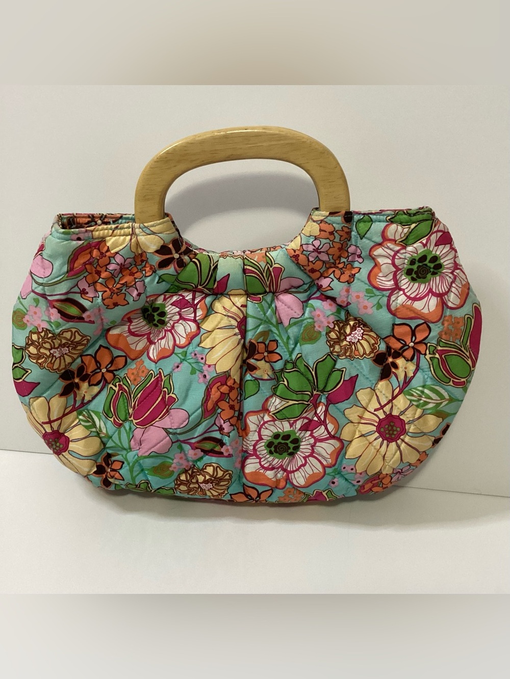 Vera Bradley Aqua Floral Quilted Mini Bag with Wooden Handle